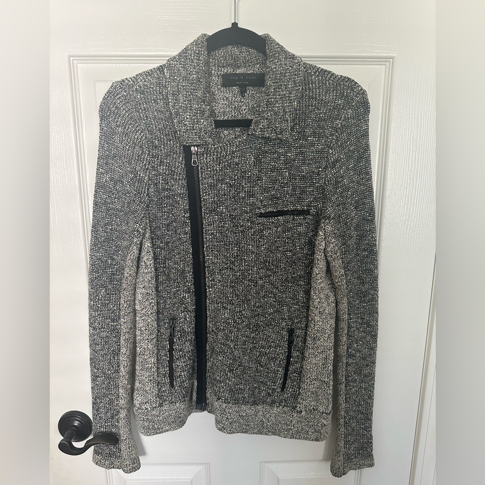 Rag & Bone Black and cream melange knit biker jacket, Size Medium.